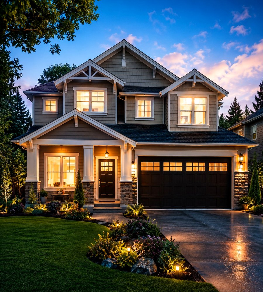 Beautiful residential home with warm evening lights